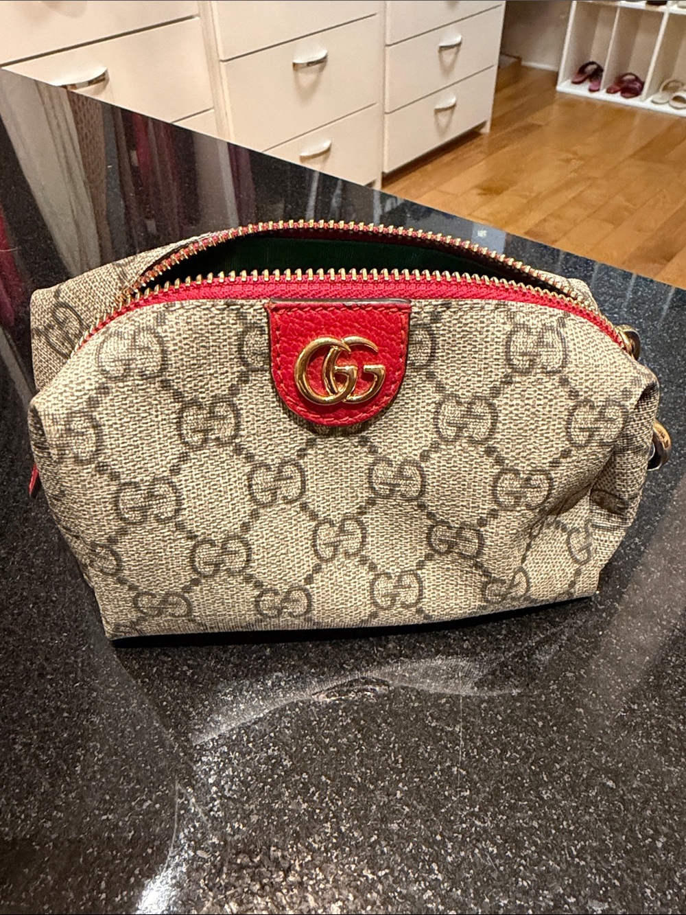 Gucci Beige GG Canvas Cosmetic Case with Red Leather Trim